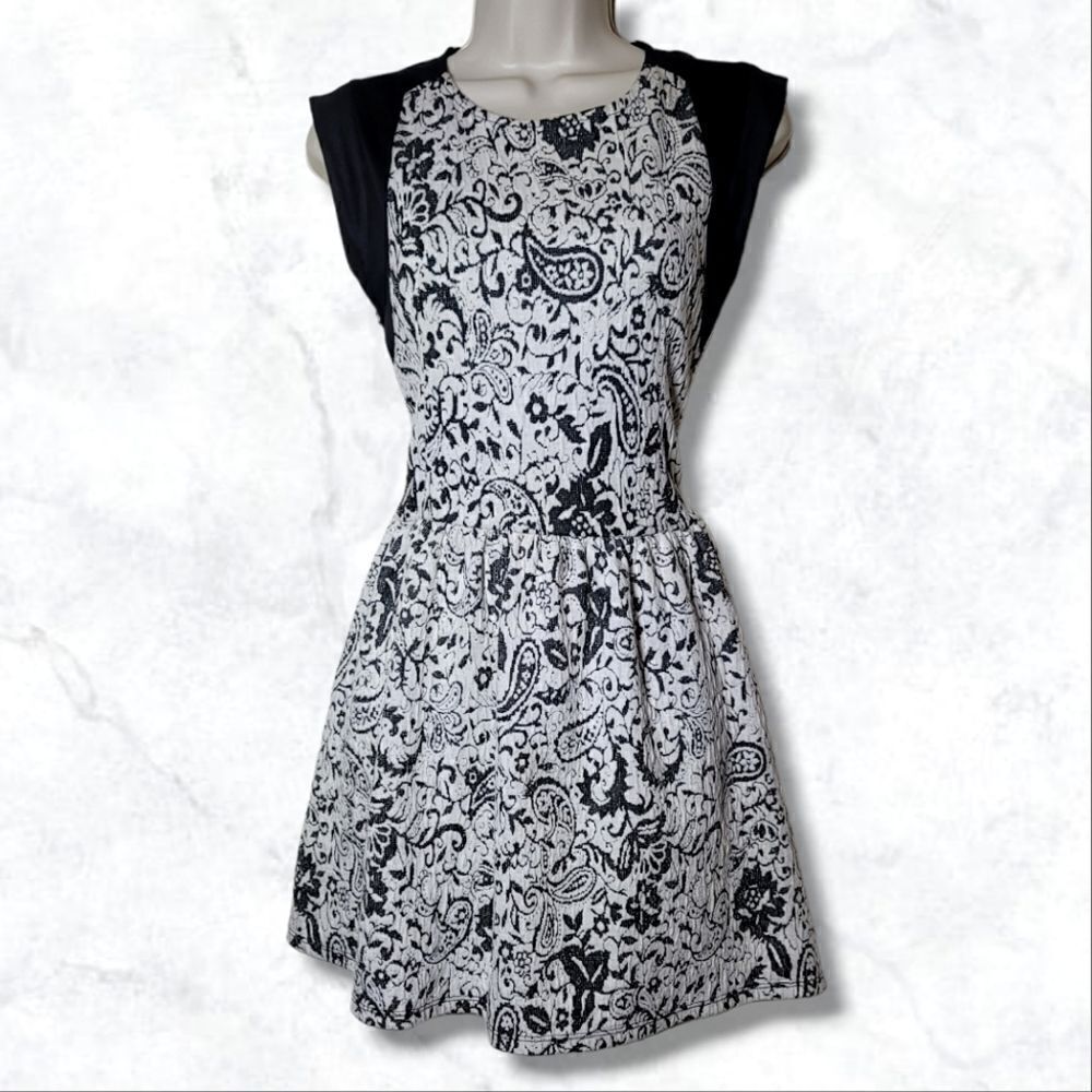 Pull&Bear Black & White Paisley Cap Sleeve Fit & Flare Skater Dress